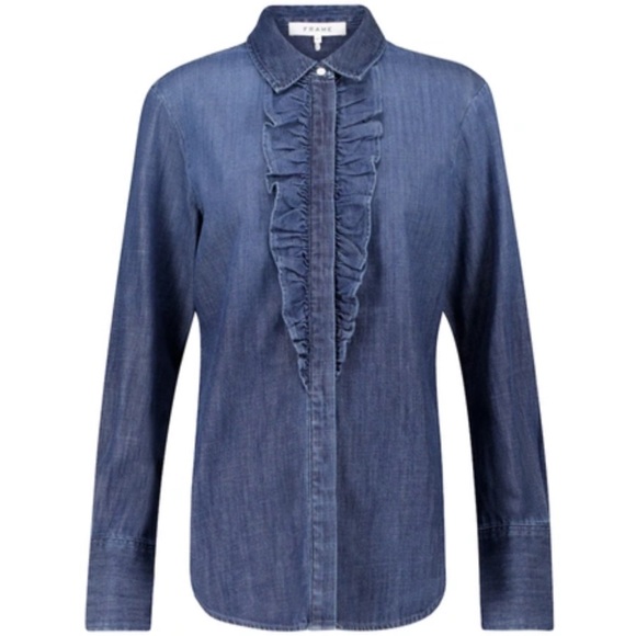 FRAME Ruffle Tux Denim Shirt In Blue Size XS - Picture 3 of 10